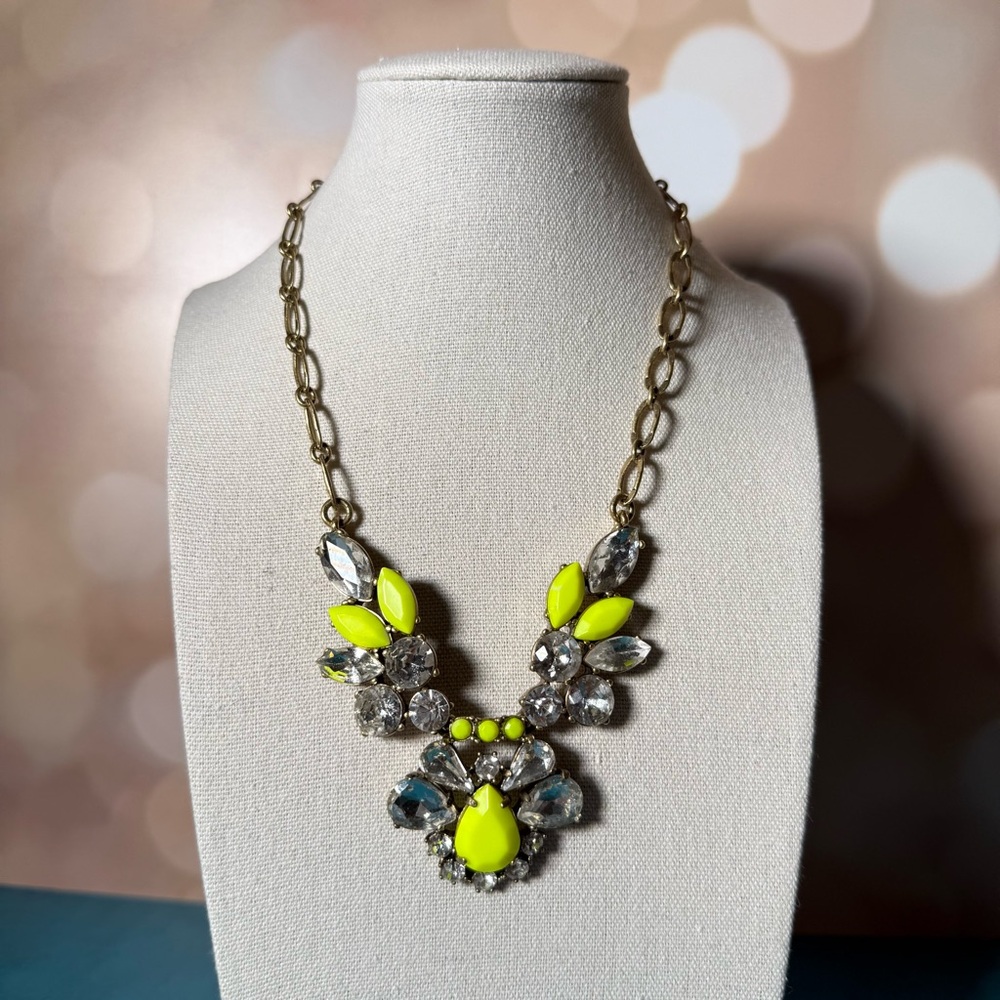 J. Crew Statement Necklace - neon yellow and clear crystals on gold-tone chain